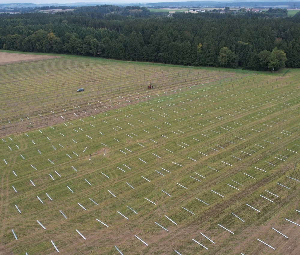 EWS Sonnenfeld Mining Das Rammen der Pfähle zur Befestigung der PV-Module schreitet voran.